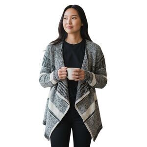 RD Style Cardigan Womens Large Black Gray Draped Open Front Knit Sweater